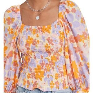 FREE PEOPLE Print Smocked Bodice Balloon Sleeve Floral Pastel Blouse Sz XL NWT
